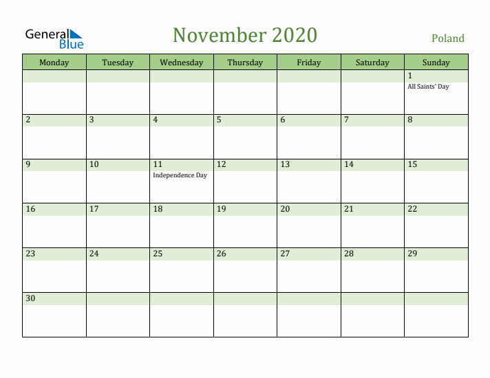 November 2020 Calendar with Poland Holidays