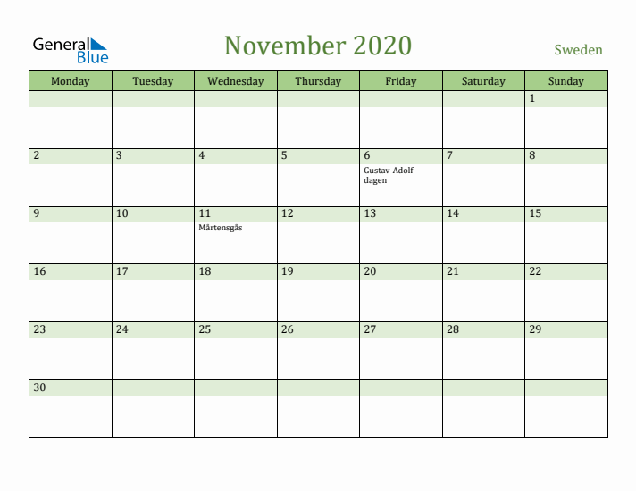 November 2020 Calendar with Sweden Holidays