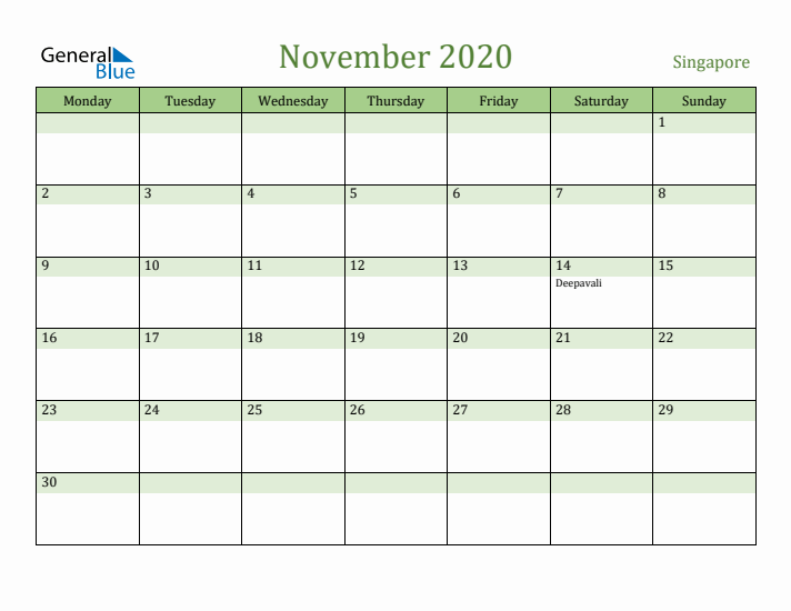 November 2020 Calendar with Singapore Holidays
