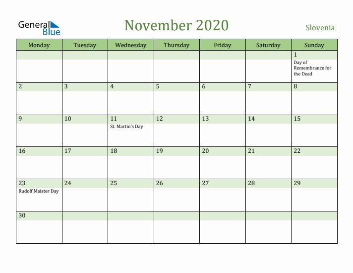 November 2020 Calendar with Slovenia Holidays