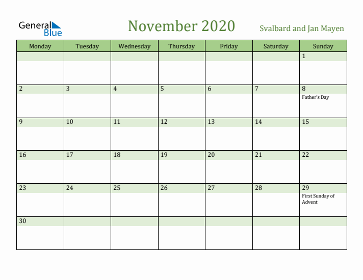 November 2020 Calendar with Svalbard and Jan Mayen Holidays