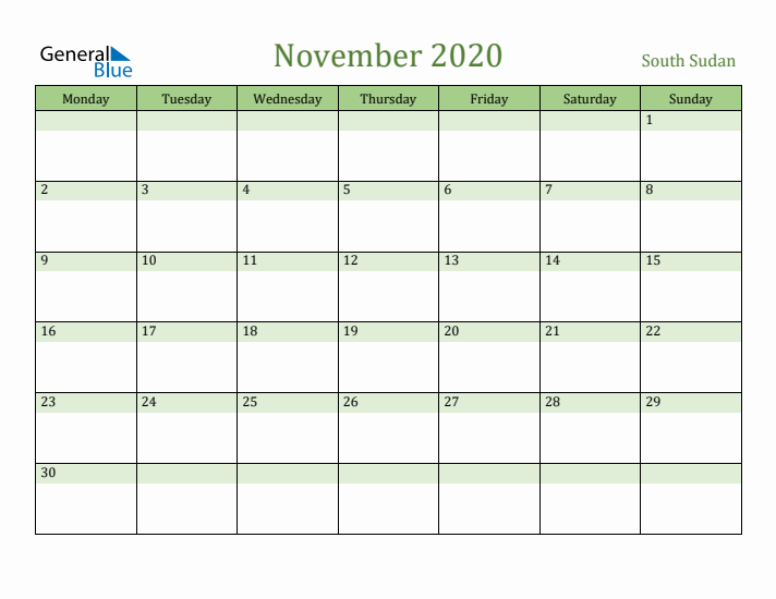 November 2020 Calendar with South Sudan Holidays
