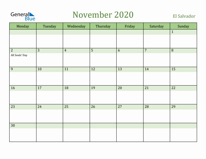 November 2020 Calendar with El Salvador Holidays