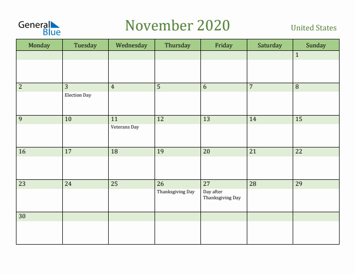 November 2020 Calendar with United States Holidays