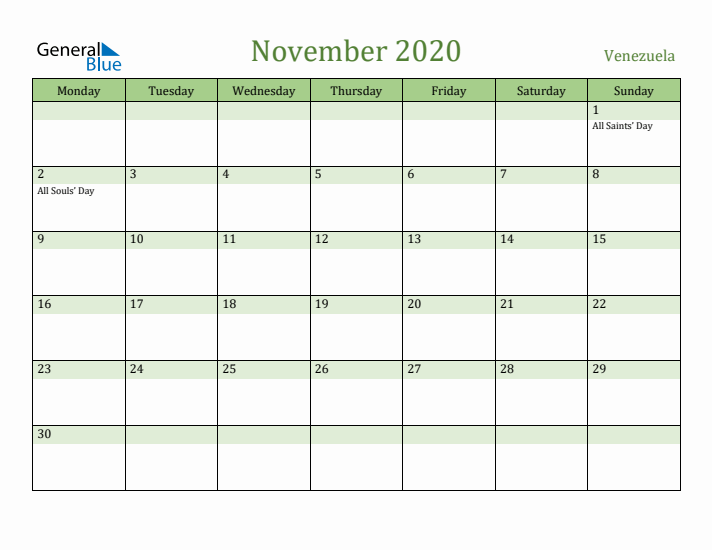 November 2020 Calendar with Venezuela Holidays