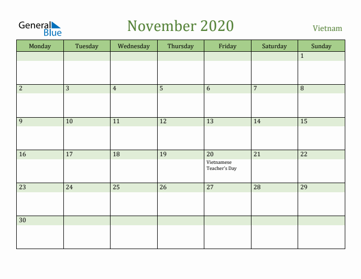 November 2020 Calendar with Vietnam Holidays