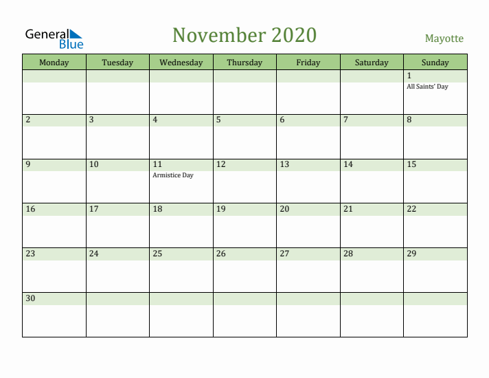 November 2020 Calendar with Mayotte Holidays