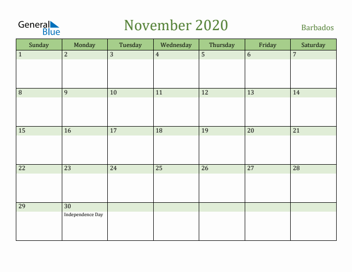 November 2020 Calendar with Barbados Holidays