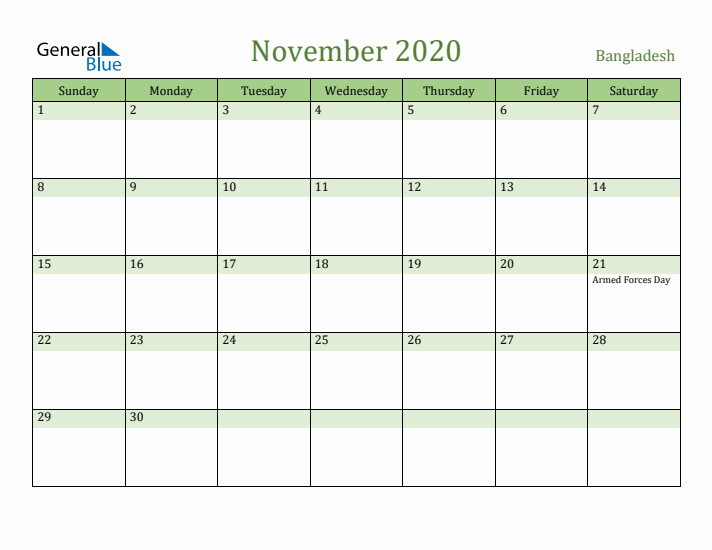 November 2020 Calendar with Bangladesh Holidays