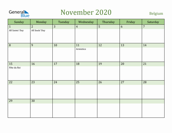 November 2020 Calendar with Belgium Holidays