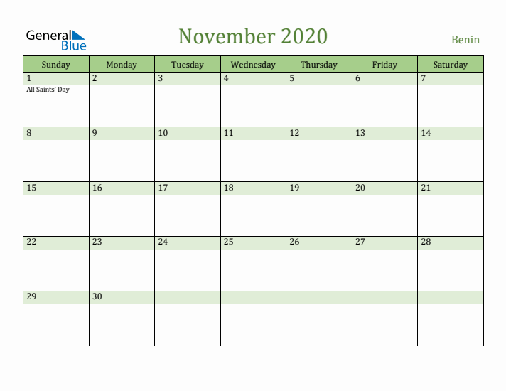 November 2020 Calendar with Benin Holidays