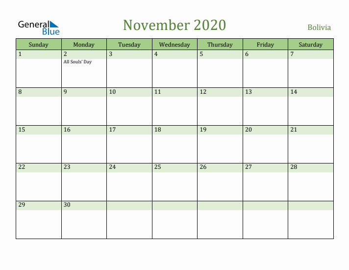 November 2020 Calendar with Bolivia Holidays