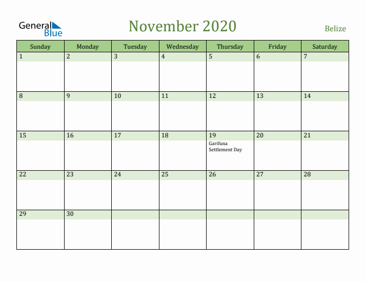 November 2020 Calendar with Belize Holidays
