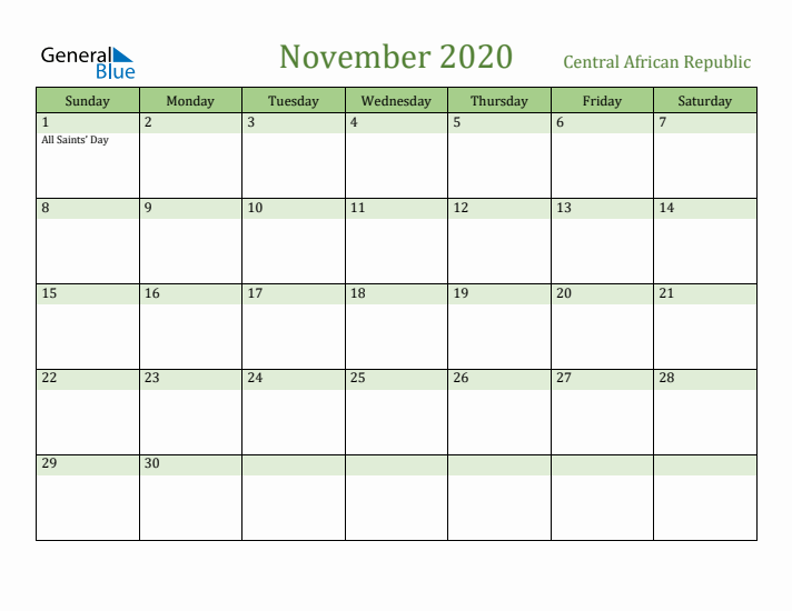 November 2020 Calendar with Central African Republic Holidays