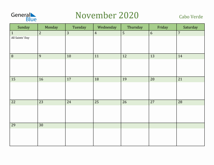 November 2020 Calendar with Cabo Verde Holidays