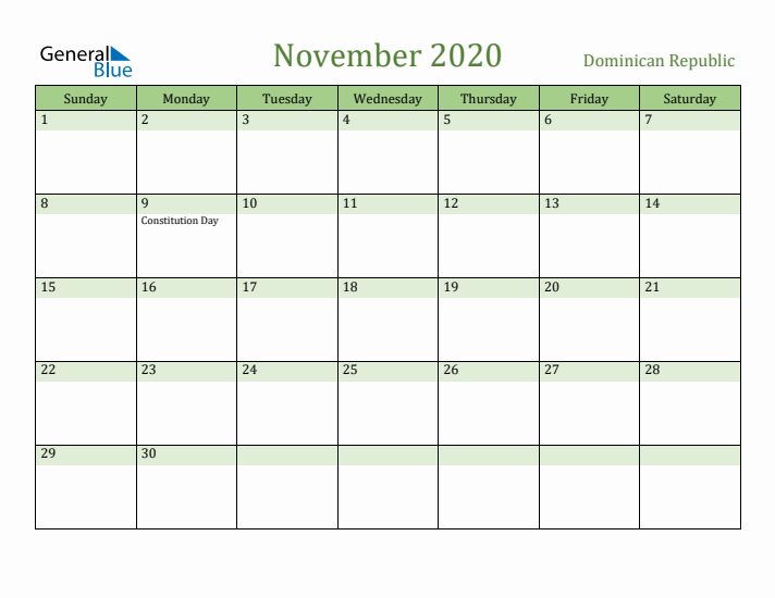 November 2020 Calendar with Dominican Republic Holidays