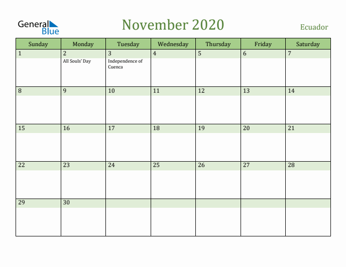 November 2020 Calendar with Ecuador Holidays