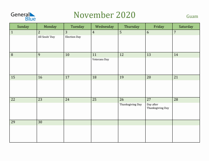 November 2020 Calendar with Guam Holidays