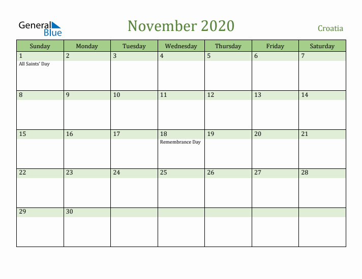 November 2020 Calendar with Croatia Holidays