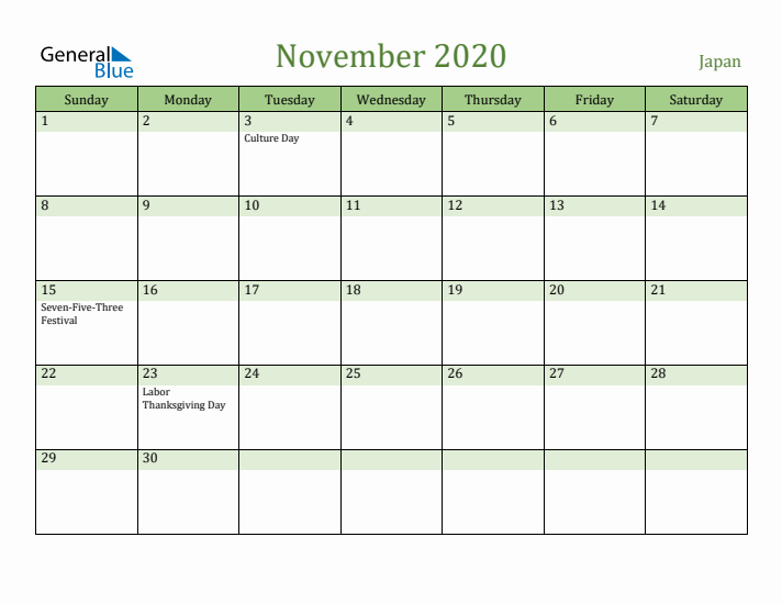 November 2020 Calendar with Japan Holidays