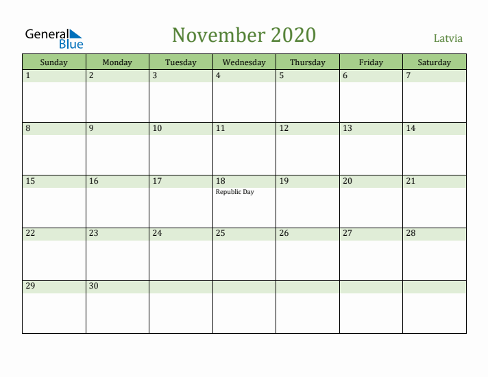 November 2020 Calendar with Latvia Holidays