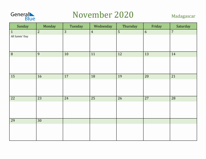 November 2020 Calendar with Madagascar Holidays