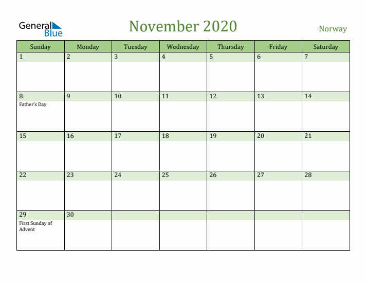 November 2020 Calendar with Norway Holidays