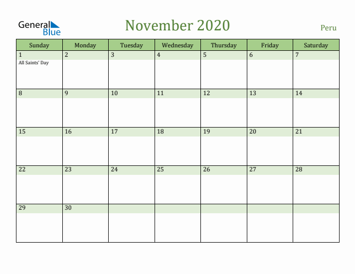 November 2020 Calendar with Peru Holidays