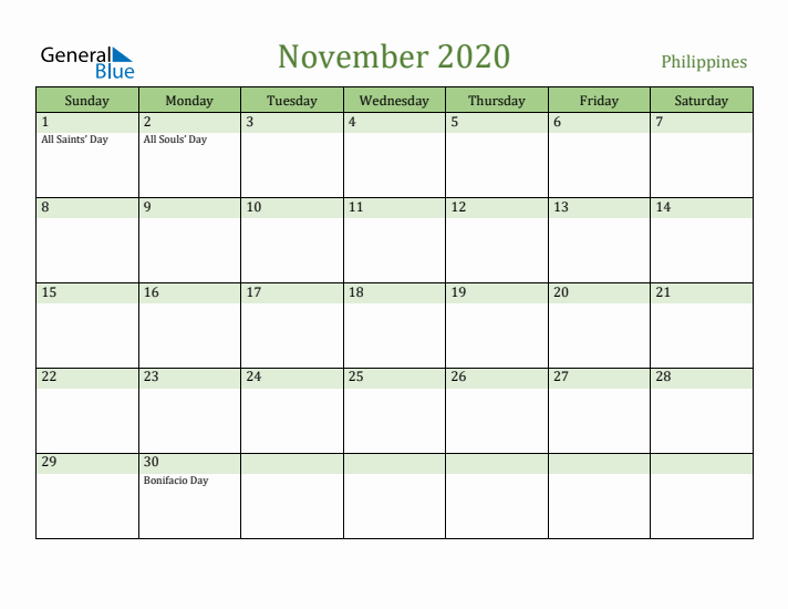 November 2020 Calendar with Philippines Holidays