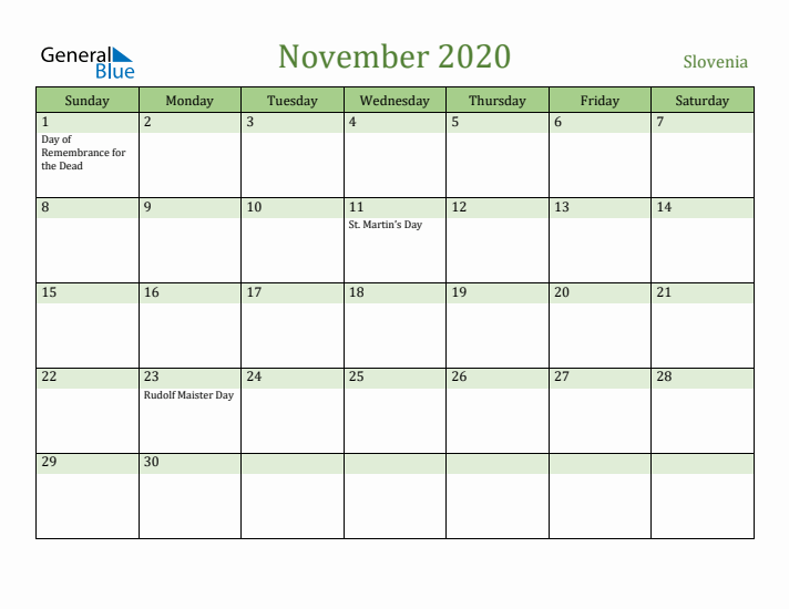November 2020 Calendar with Slovenia Holidays