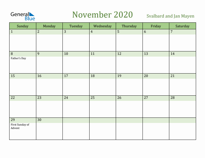 November 2020 Calendar with Svalbard and Jan Mayen Holidays