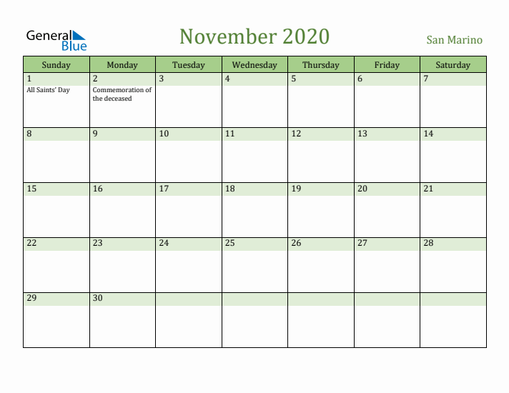 November 2020 Calendar with San Marino Holidays