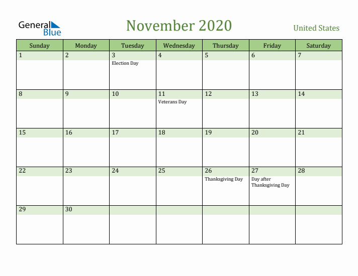 November 2020 Calendar with United States Holidays