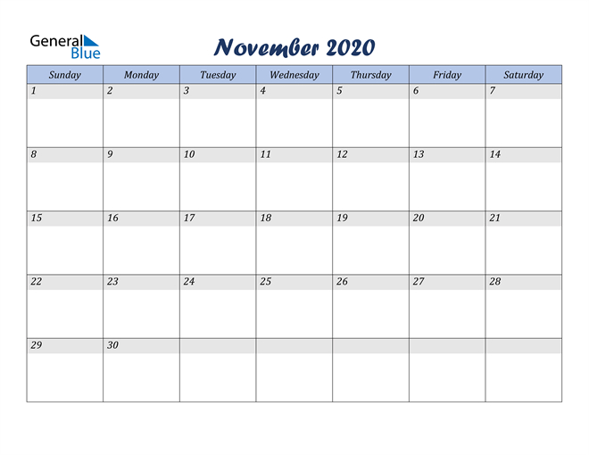  November 2020 Blue Calendar