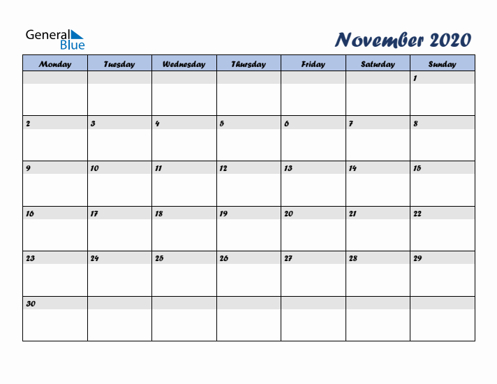 November 2020 Blue Calendar (Monday Start)