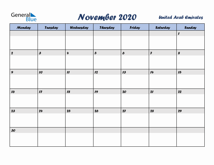 November 2020 Calendar with Holidays in United Arab Emirates