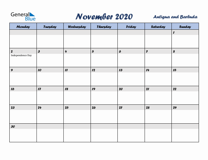 November 2020 Calendar with Holidays in Antigua and Barbuda