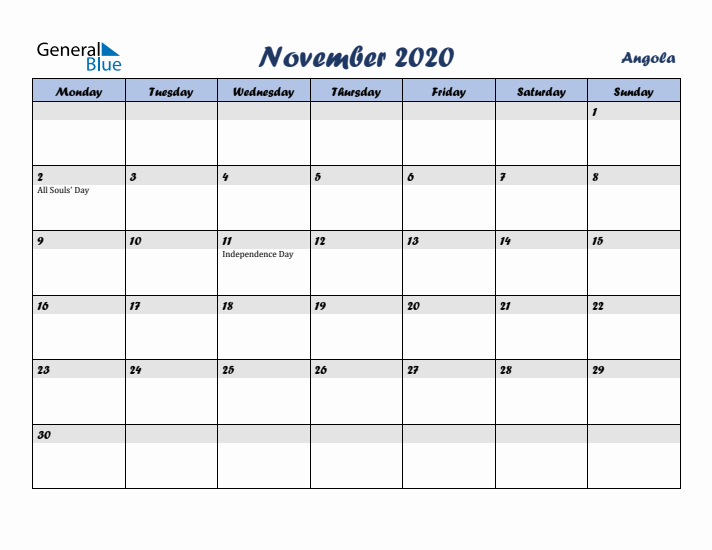 November 2020 Calendar with Holidays in Angola