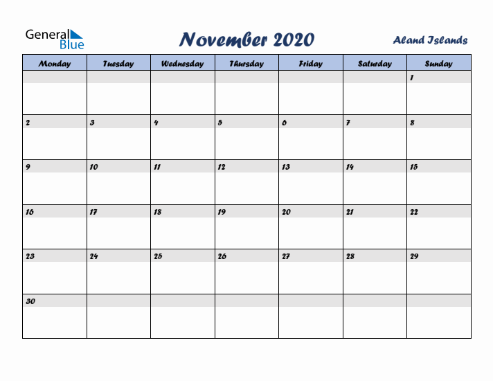 November 2020 Calendar with Holidays in Aland Islands