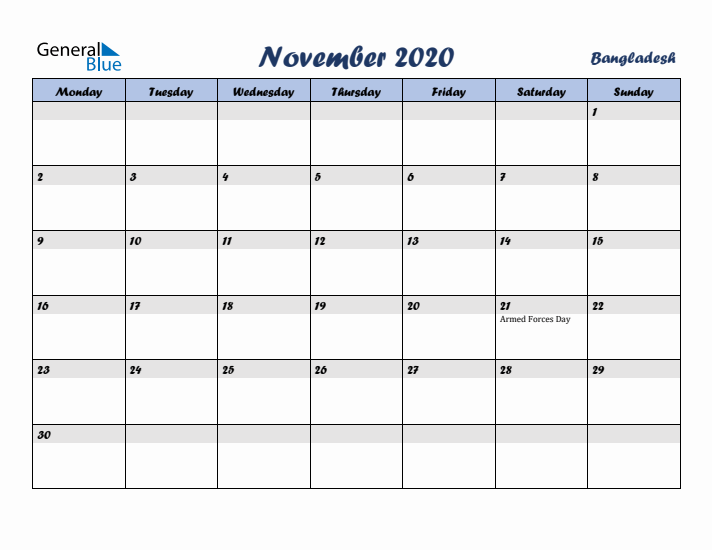 November 2020 Calendar with Holidays in Bangladesh