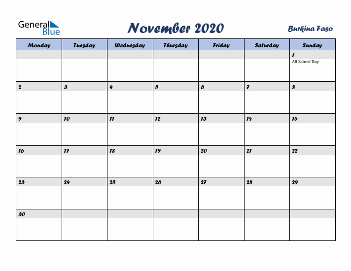November 2020 Calendar with Holidays in Burkina Faso
