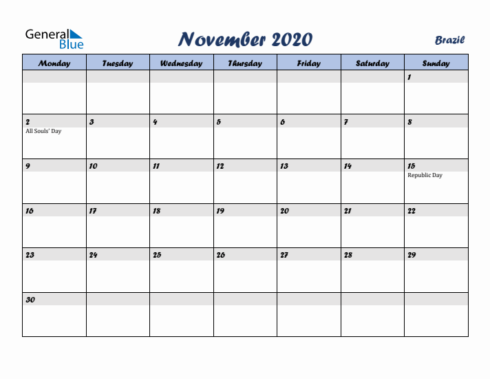 November 2020 Calendar with Holidays in Brazil
