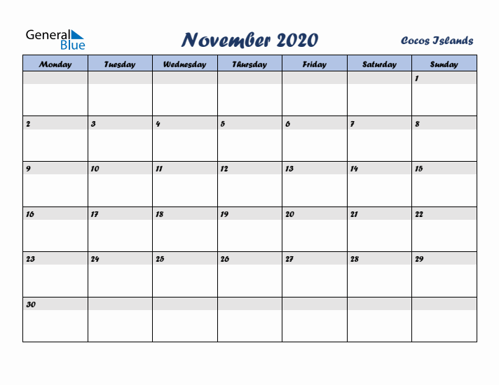 November 2020 Calendar with Holidays in Cocos Islands