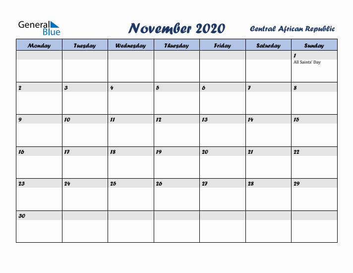 November 2020 Calendar with Holidays in Central African Republic