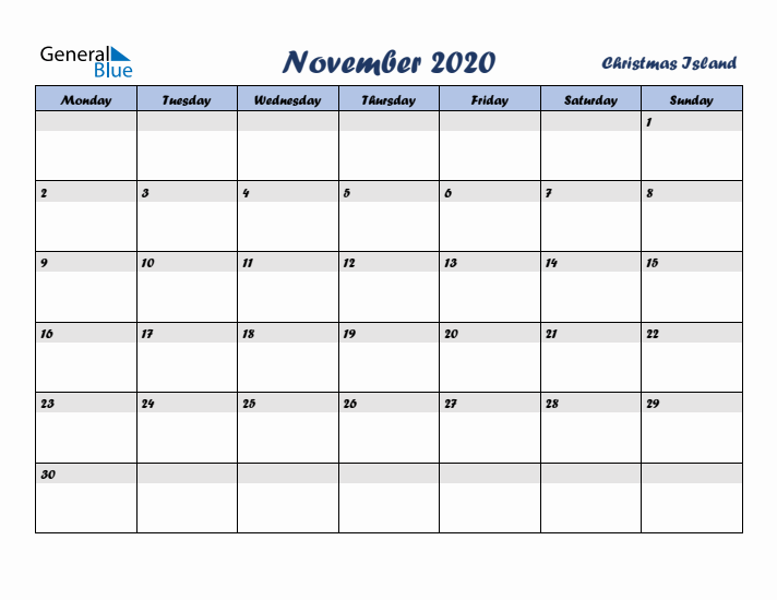 November 2020 Calendar with Holidays in Christmas Island