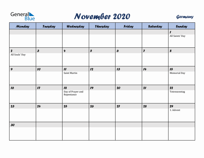 November 2020 Calendar with Holidays in Germany