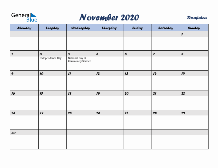 November 2020 Calendar with Holidays in Dominica