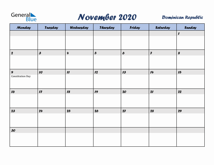 November 2020 Calendar with Holidays in Dominican Republic