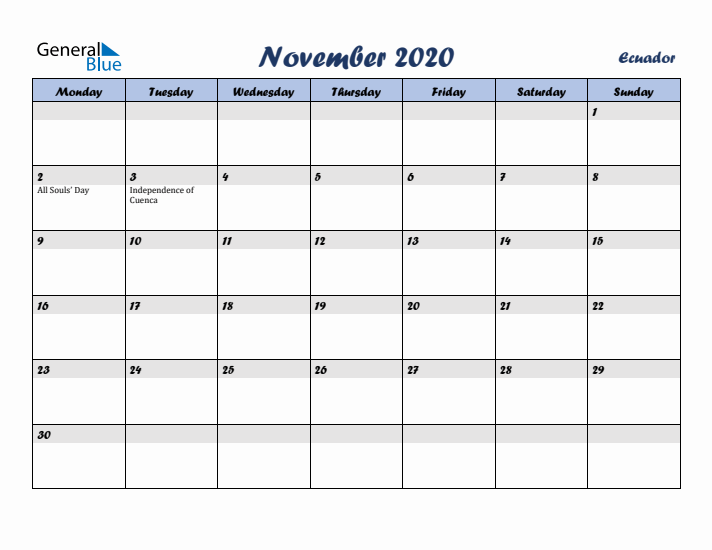 November 2020 Calendar with Holidays in Ecuador