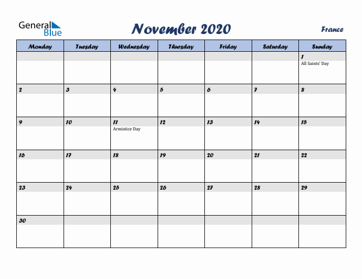 November 2020 Calendar with Holidays in France